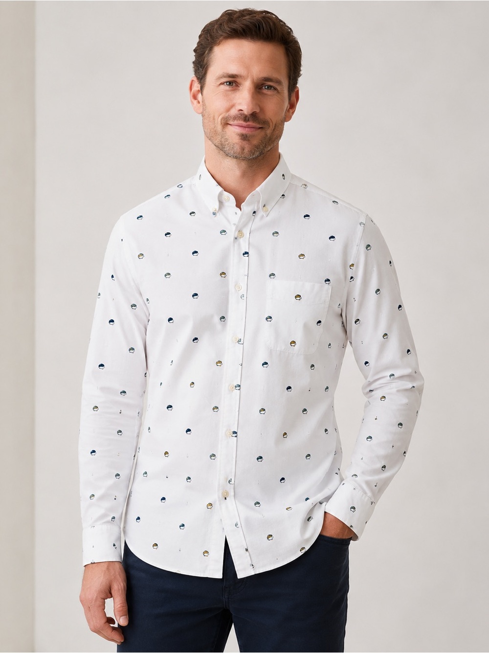 Charles Tyrwhitt Men’s Large Hedgehog Print Shirt White Non-Iron Classic Fit